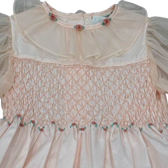 Polly Flinders Pink Smocked Dress With Sheer Puff Sleeves & Floral Accents 6X - Picture 11 of 11